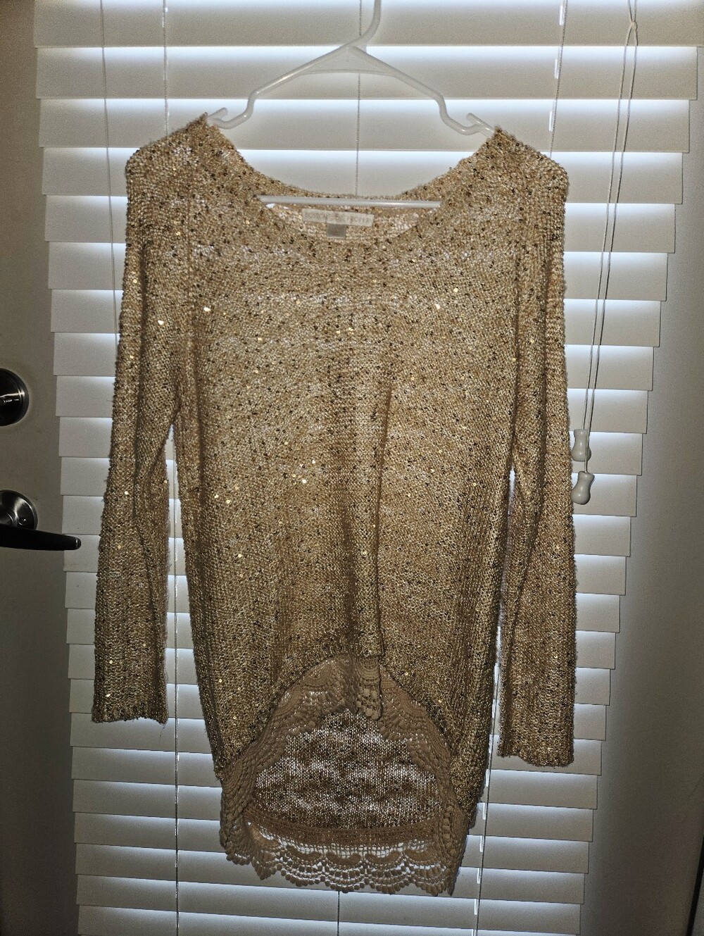 Sparkly Knit Tunic Sweater with Lace Hem Graduated Length